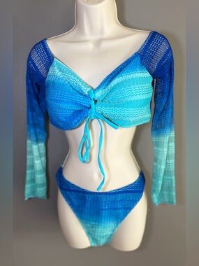Ocean Ombre 3-Piece Bikini XL Long Sleeve Mesh Top Bottoms Wrap Skirt Cover-Up